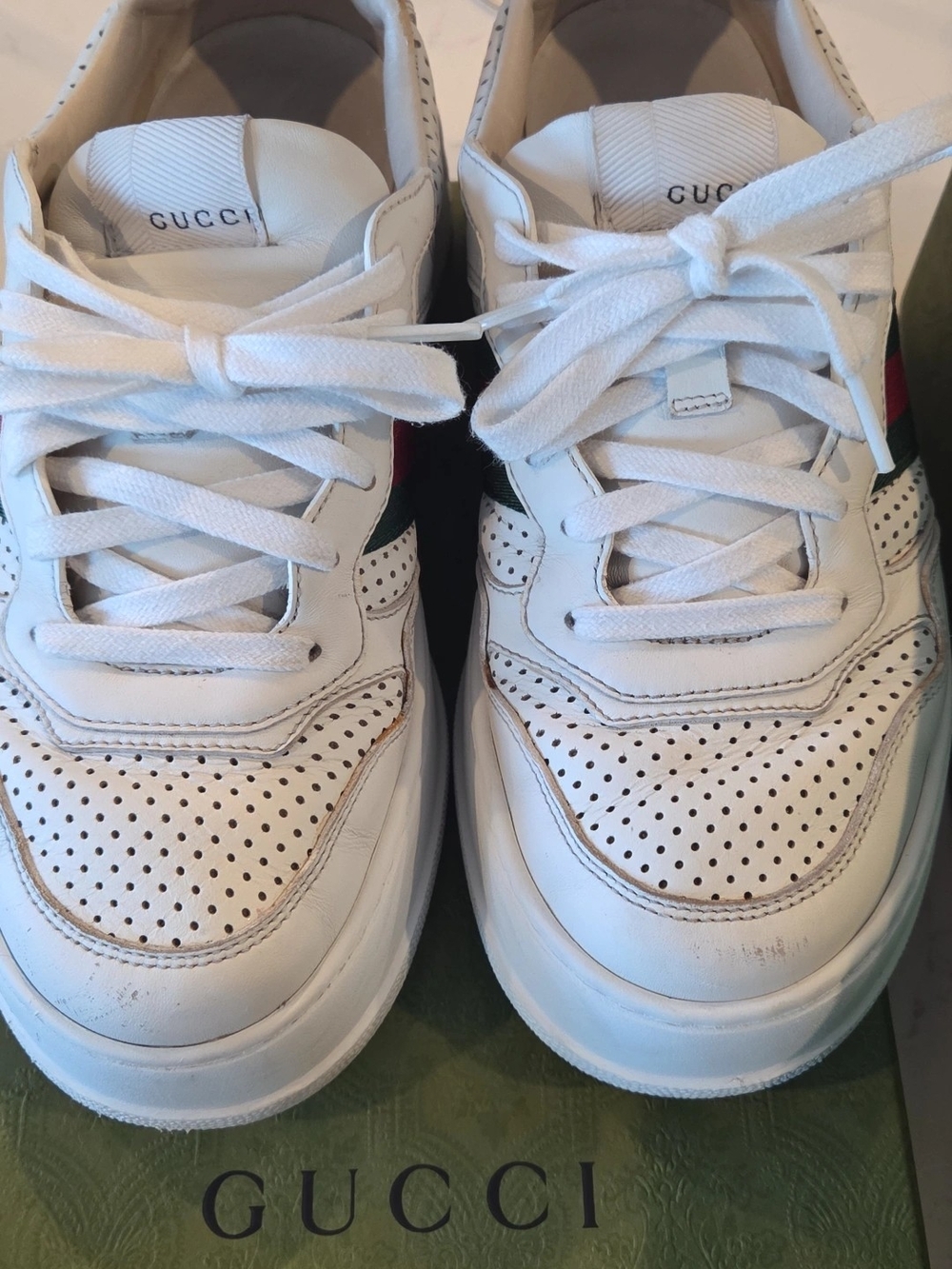Gucci Women White Leather Sneakers with Web Stripe